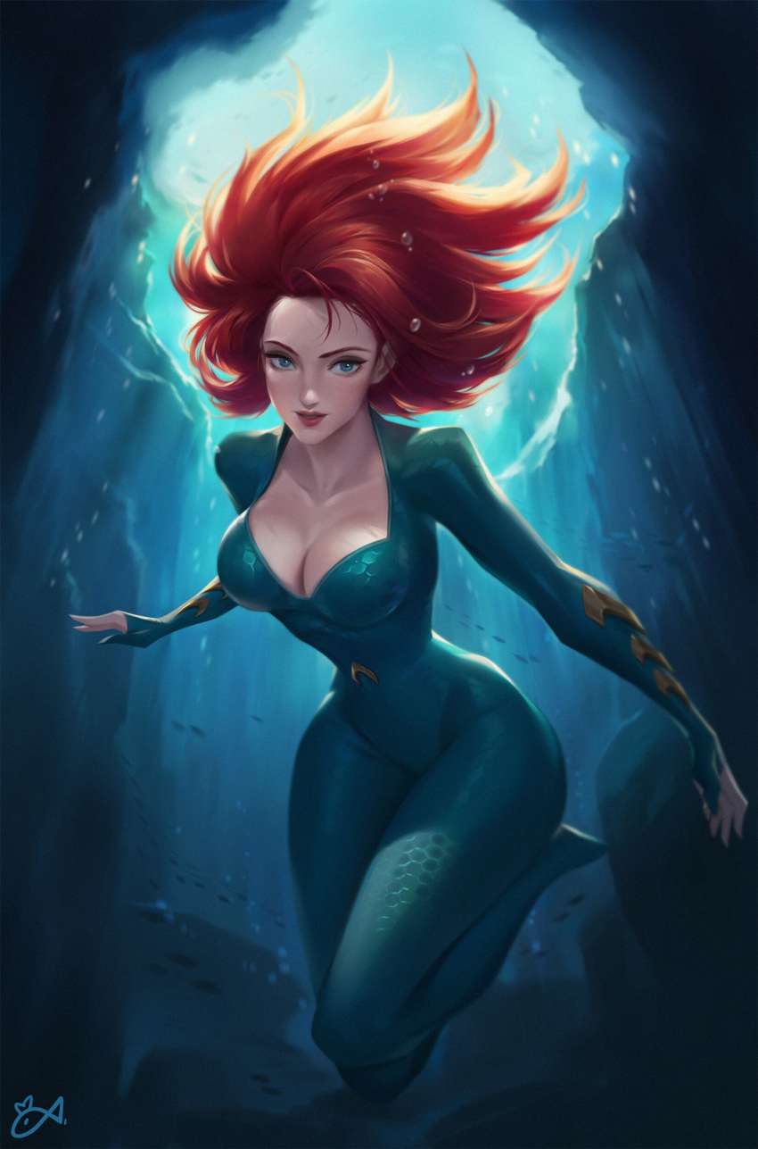 1girl absurdres air_bubble aquaman_(series) blue_eyes blurry bodysuit breasts bubble citemer cleavage collarbone dc_comics depth_of_field emblem fish flowing_hair highres long_hair looking_at_viewer medium_breasts mera_(dc) ocean parted_lips red_hair rock scales slender_waist smile solo superhero underwear