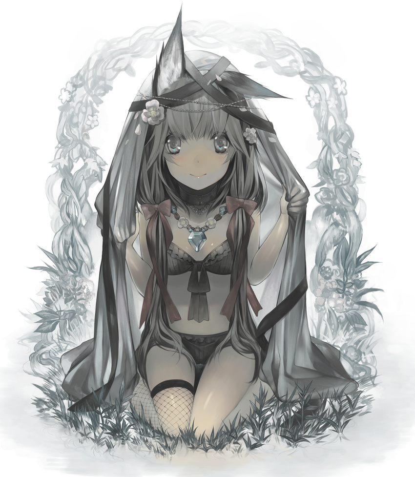 animal_ears backlighting bangs bikini black_bikini black_legwear blue_eyes closed_mouth commentary_request fishnet_legwear fishnets fox_ears frilled_bikini frills front-tie_bikini front-tie_top grass grey grey_hair hands_up highres jewelry long_hair looking_at_viewer low_twintails necklace original rayvon simple_background single_thighhigh smile solo swimsuit tareme thighhighs twintails veil white_background