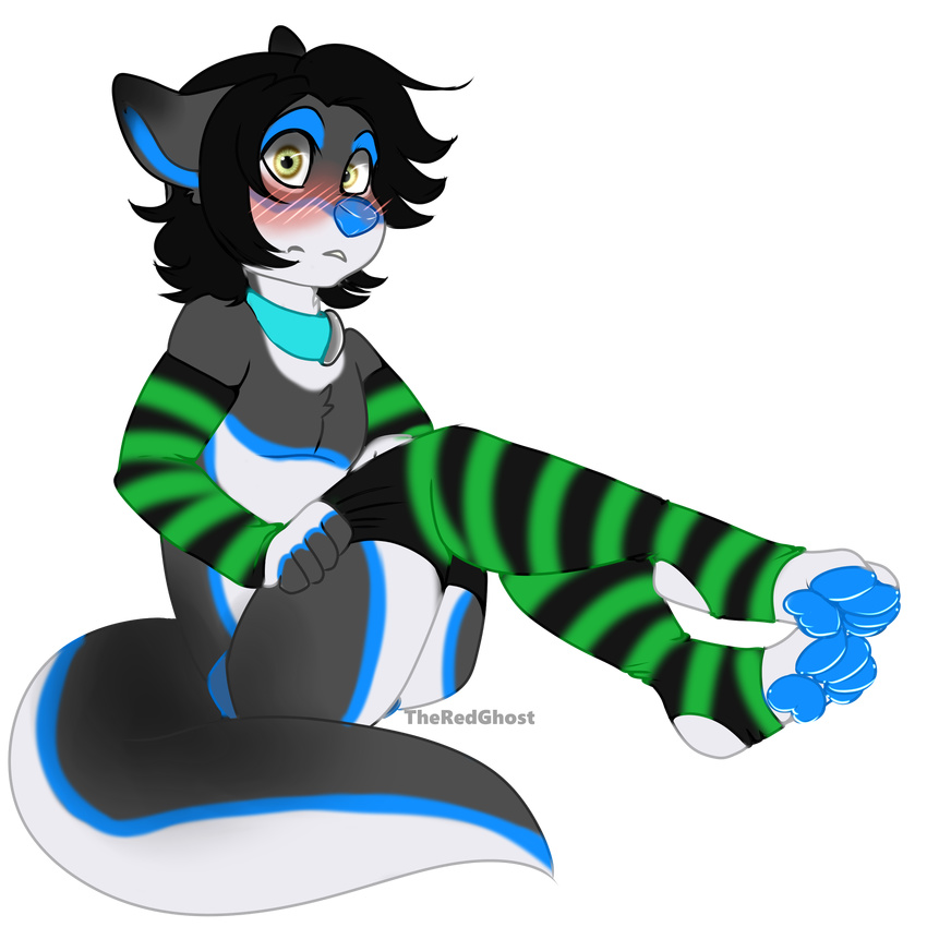 black_fur black_hair blue_fur blush caught clothing collar embarrassed fur hair leggings legwear male paws shy socks steele stockings striped_legwear striped_socks stripes surprise theredghost