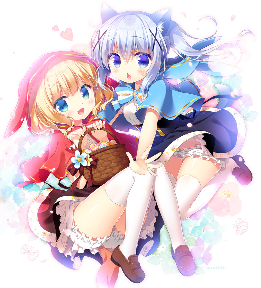 :d animal_ears animal_hood basket blonde_hair bloomers blue_eyes blue_hair blue_skirt blush bow brown_footwear brown_skirt bunny_hood capelet cat_ears chestnut_mouth commentary_request easter_egg egg eyebrows_visible_through_hair fake_animal_ears fang flower frilled_skirt frills gochuumon_wa_usagi_desu_ka? hair_between_eyes hair_ornament heart high-waist_skirt highres hood hooded_capelet kafuu_chino kirima_sharo layered_skirt leaf loafers looking_at_viewer multiple_girls open_mouth outstretched_arms sasai_saji shirt shoes skirt smile sparkle tail thighhighs underwear white_legwear white_shirt wolf_tail x_hair_ornament