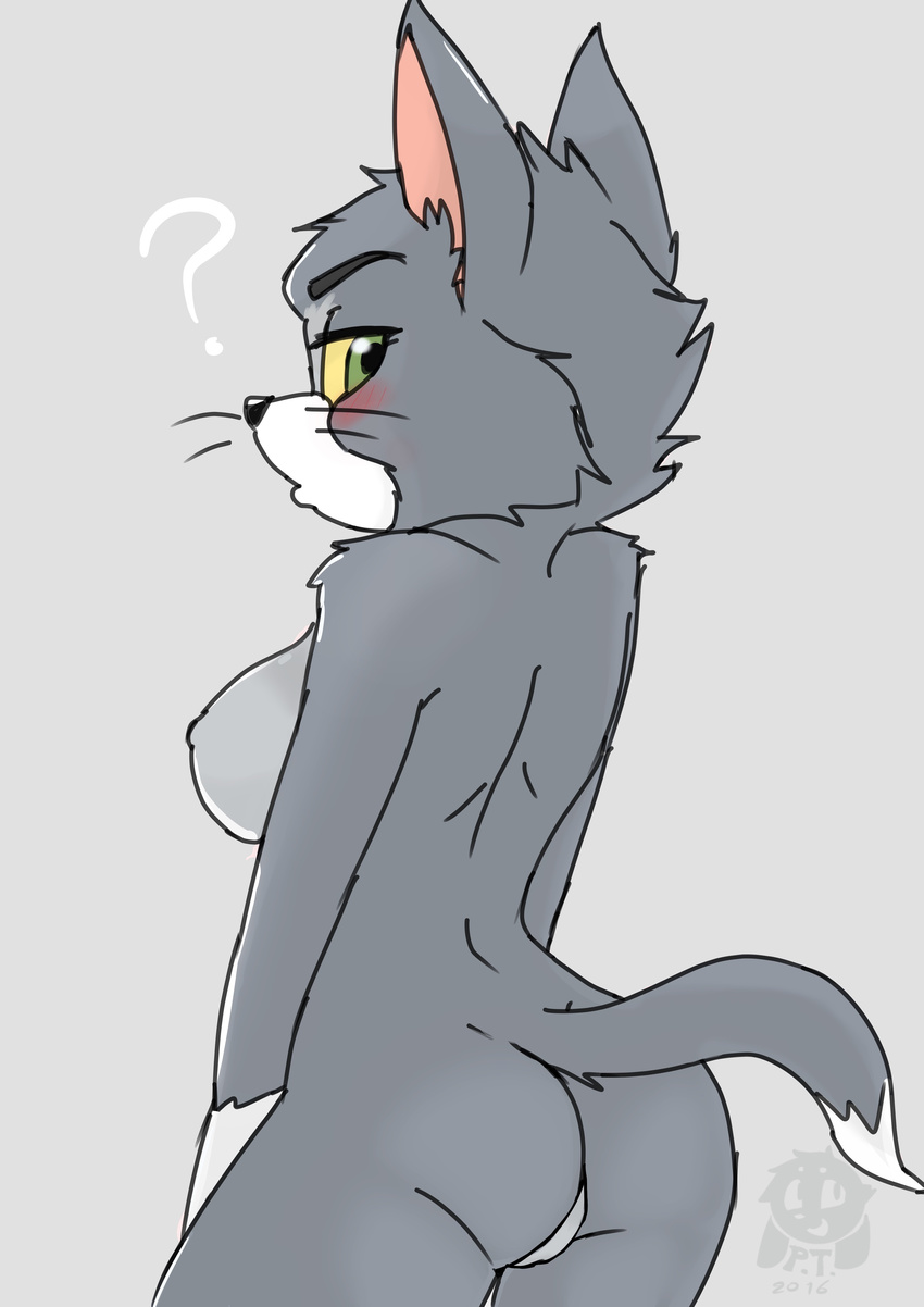 2016 ? anthro blush breasts butt cat crossgender cute erect_nipples feline female fur green_eyes grey_fur looking_at_viewer looking_back mammal nipples rear_view side_boob solo tolovefurry_(artist) tom_(tom_&amp;_jerry) tom_and_jerry watermark