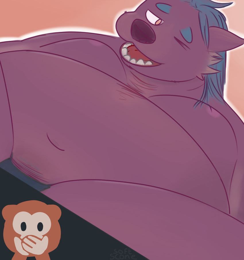 anthro bear belly blue_fur digital_media_(artwork) emojis front_view fur male male/male mammal moobs nipples overweight overweight_male pubes sitting slightly_chubby smile softscone text