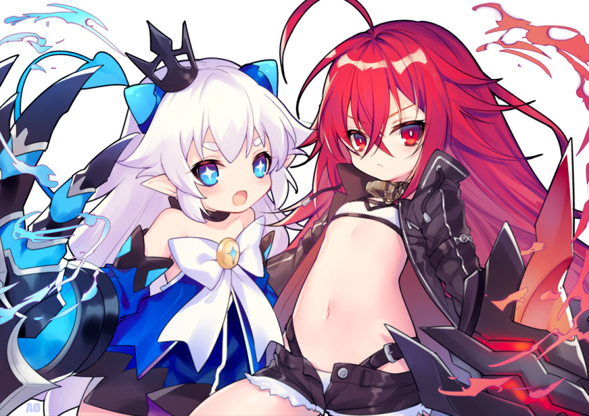 2girls :d ahoge bangs blue_dress blue_eyes blue_sleeves blush bow brown_shorts closed_mouth closers collarbone commentary_request crop_top crossover crown detached_sleeves dress elsword eyebrows_visible_through_hair fang fire hair_between_eyes long_hair luciela_r._sourcream mini_crown multiple_girls open_clothes open_mouth open_shirt panties pointy_ears red_eyes red_hair seth_(closers) short_shorts shorts simple_background smile strapless strapless_dress tilted_headwear underwear utm very_long_hair white_background white_bow white_hair white_panties