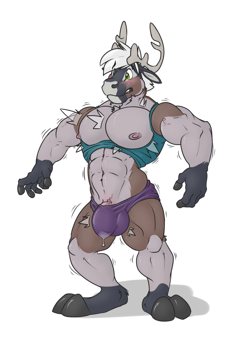 2016 abs absurd_res anthro antlers areola biceps big_biceps big_muscles big_pecs blush body_hair brown_skin bulge cervine chest_hair chest_tuft clothing cum cum_drip digital_media_(artwork) dripping erect_nipples eyebrows full-length_portrait green_eyes grey_horn grey_skin growth hair hi_res hooves horn huge_muscles male mammal mnty mnty_(character) multicolored_skin muscle_growth muscular muscular_arms muscular_legs navel nipples open_mouth pecs penis penis_outline pink_nipples pink_penis pink_tongue portrait pose purple_bottomwear reindeer shirt simple_background snout solo standing tank_top teeth thick_thighs tight_clothing tongue torn_clothing transformation tuft vein veiny_muscles veiny_penis white_hair white_skin