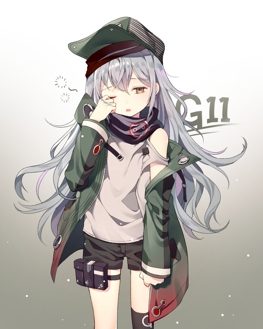 absurdres azit_(down) bangs bare_shoulders black_shorts blue_eyes character_name g11_(girls_frontline) girls_frontline gradient gradient_background green_hat green_jacket hat highres jacket long_hair long_sleeves looking_at_viewer off_shoulder one_eye_closed open_clothes open_jacket shiny shiny_hair shirt short_shorts shorts shoulder_cutout silver_hair sleepy solo standing t-shirt white_shirt yebisu