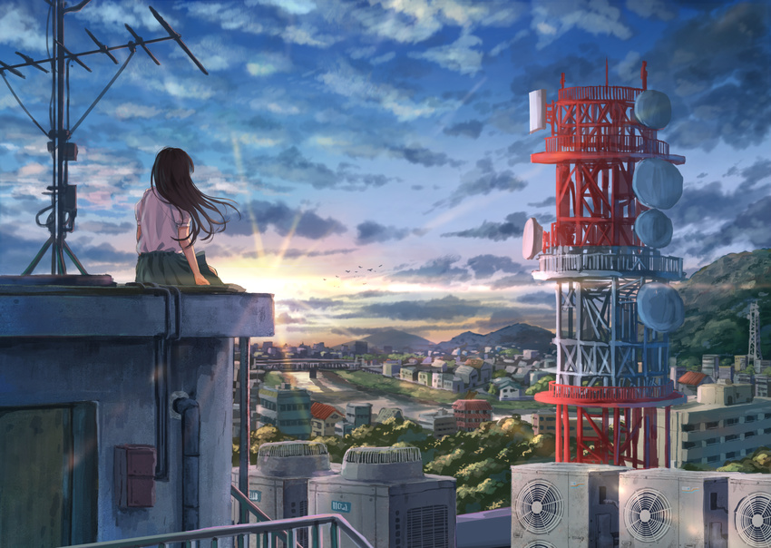 bird cloud cloudy_sky commentary evening flock from_behind green_skirt highres hill horizon landscape long_hair on_roof original outdoors pink_shirt radio_antenna radio_tower scenery shirt short_sleeves sitting skirt sky solo sugi87 sunset town