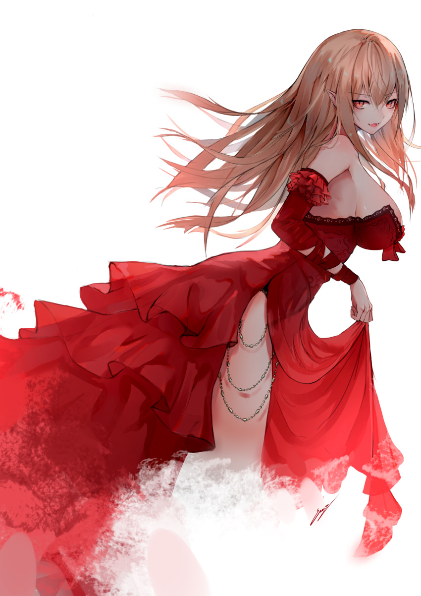 1girl :d absurdres bare_shoulders blonde_hair blood breasts commentary detached_sleeves dress dress_lift english english_commentary erospanda eyebrows_visible_through_hair fang fangs female floating_hair frilled_sleeves frills from_side hair_between_eyes highres holding_dress invisible large_breasts leaning leaning_forward long_dress long_hair looking_at_viewer no_bra no_legs open_mouth original pointy_ears red red_detached_sleeves red_dress red_eyes side_slit sideboob signature simple_background slit_pupils smile solo strapless strapless_dress vampire white_background