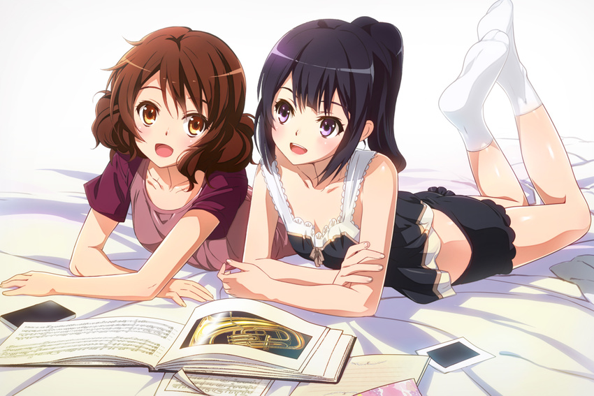 :d bare_shoulders black_hair book brown_eyes brown_hair hibike!_euphonium kousaka_reina legs_up long_hair looking_at_viewer lying multiple_girls no_shoes nyoro_(nyoronyoro000) on_stomach open_book open_mouth oumae_kumiko purple_eyes sheet_music side-by-side skirt sleeveless smile socks white_legwear