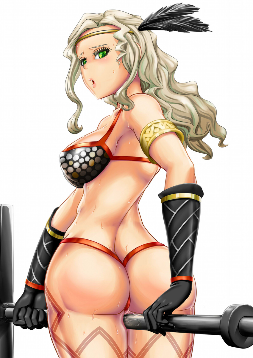 1girl amazon_(dragon's_crown) armlet artist_request ass axe bare_shoulders between_legs bikini bikini_armor blush breasts dragon's_crown feathers from_behind gloves green_eyes hair_feathers holding_weapon huge_ass large_breasts long_hair looking_back looking_down open_mouth platinum_blonde pussy_juice shiny shiny_hair sideboob solo sweat thong thong_bikini weapon