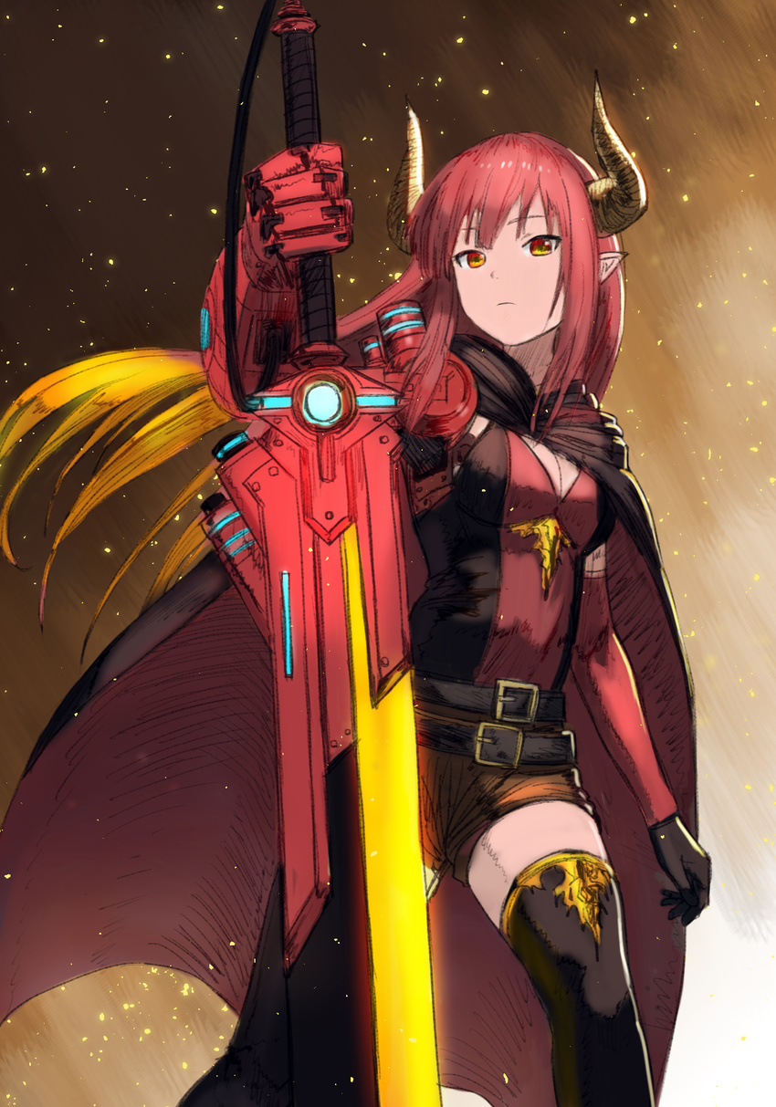 bad_id bad_pixiv_id bangs black_cape black_gloves black_legwear blonde_hair breasts cape cleavage cowboy_shot demon_horns embers gloves gradient_eyes gradient_hair highres holding holding_sword holding_weapon horns long_hair looking_at_viewer mechanical_arm medium_breasts multicolored multicolored_eyes multicolored_hair original pointy_ears power_sword red_cape red_eyes red_hair short_shorts shorts solo sword thighhighs wasabi60 weapon yellow_eyes