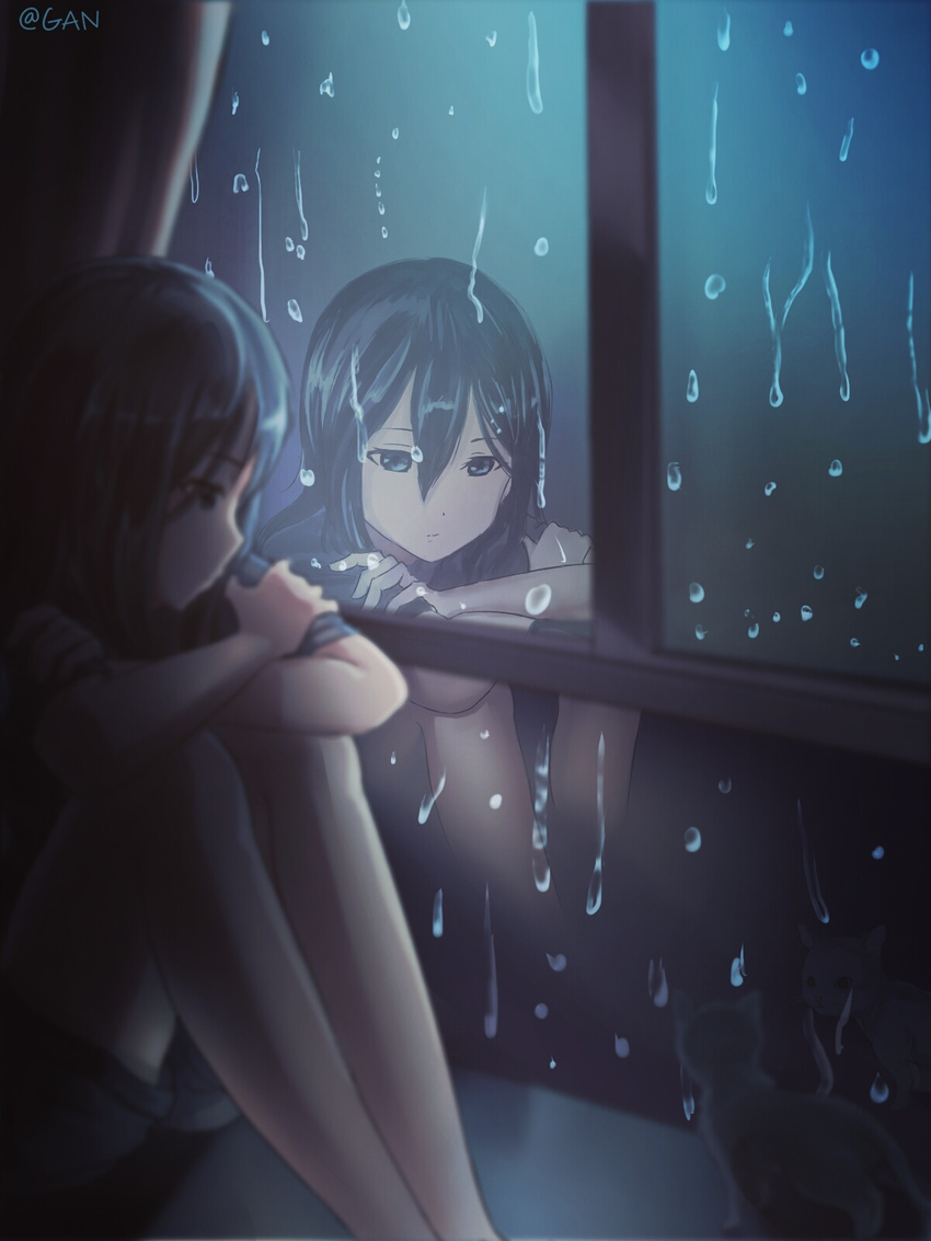 arm_rest black_hair blue_eyes blurry cat closed_mouth crossed_arms depth_of_field expressionless gan-viking highres indoors knees_to_chest looking_to_the_side md5_mismatch night original rain reflection short_sleeves shorts sitting solo window