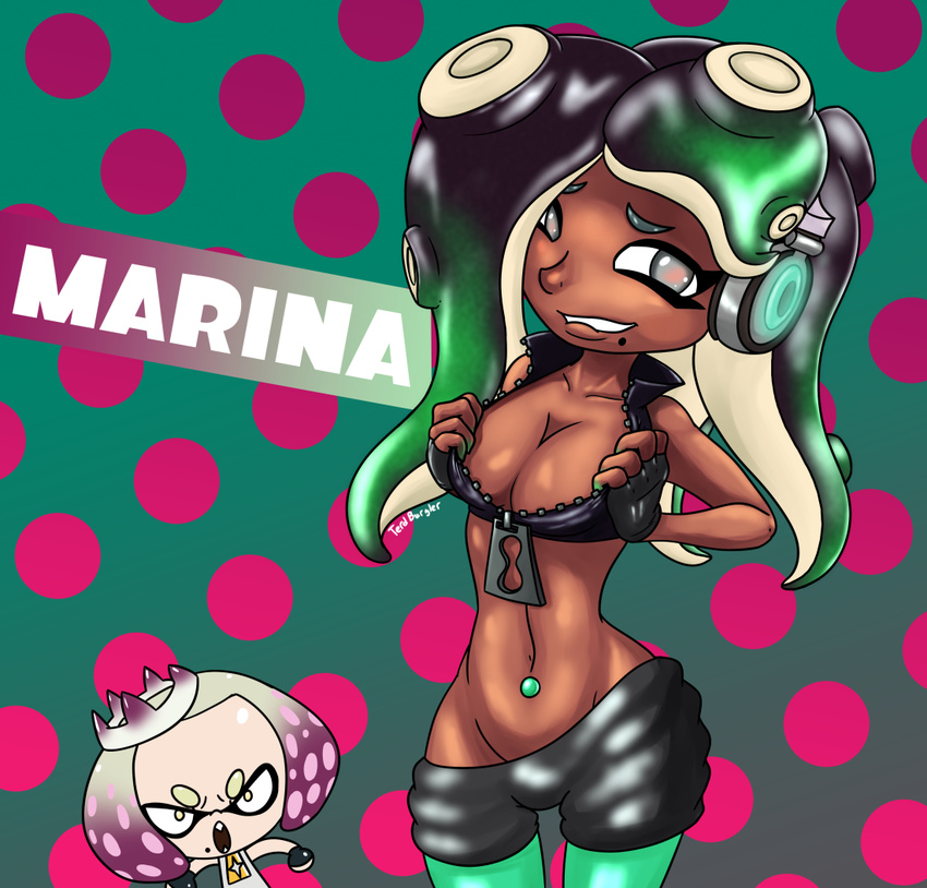 beauty_mark breasts chibi cleavage clothed clothing crown female fingerless_gloves gloves headphones humanoid inkling leggings legwear looking_at_viewer marina_(splatoon) naval_piercing nintendo not_furry octling pearl_(splatoon) piercing shorts skimpy splatoon terdburgler video_games zipper