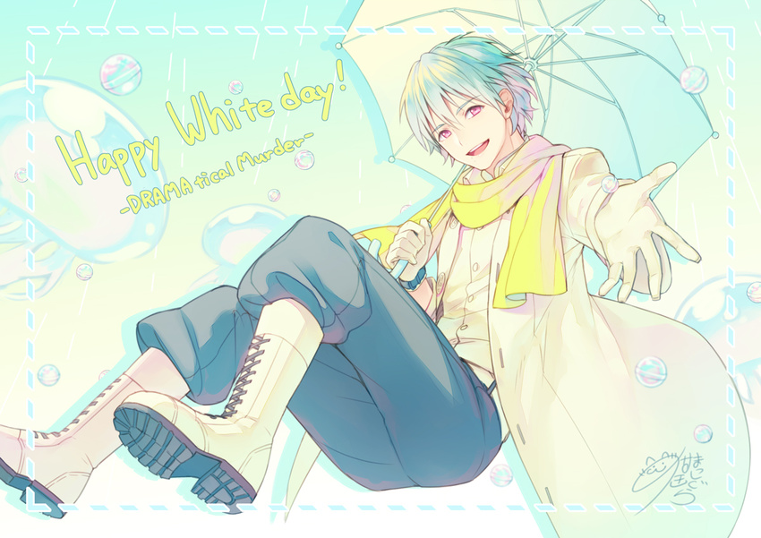 blue_background boots bubble clear_(dramatical_murder) copyright_name cross-laced_footwear dotted_line dramatical_murder gloves jellyfish lace-up_boots male_focus nekokan_masshigura nitro+_chiral open_mouth outstretched_hand pink_eyes scarf signature simple_background smile solo umbrella white_day white_footwear white_gloves white_hair yellow_scarf