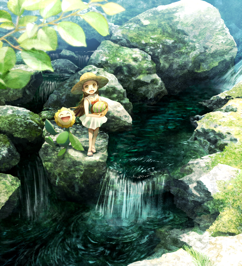 :d ^_^ bare_legs bare_shoulders basket bow brown_eyes brown_hair child closed_eyes day dress egg foreshortening from_above gen_2_pokemon hat highres holding long_hair looking_up mikan_(pokemon) moss nature open_mouth outdoors plant pokemon pokemon_(creature) pokemon_(game) red_bow ribero rock sandals sleeveless sleeveless_dress smile standing straw_hat stream summer sundress sunflora water waterfall white_dress younger