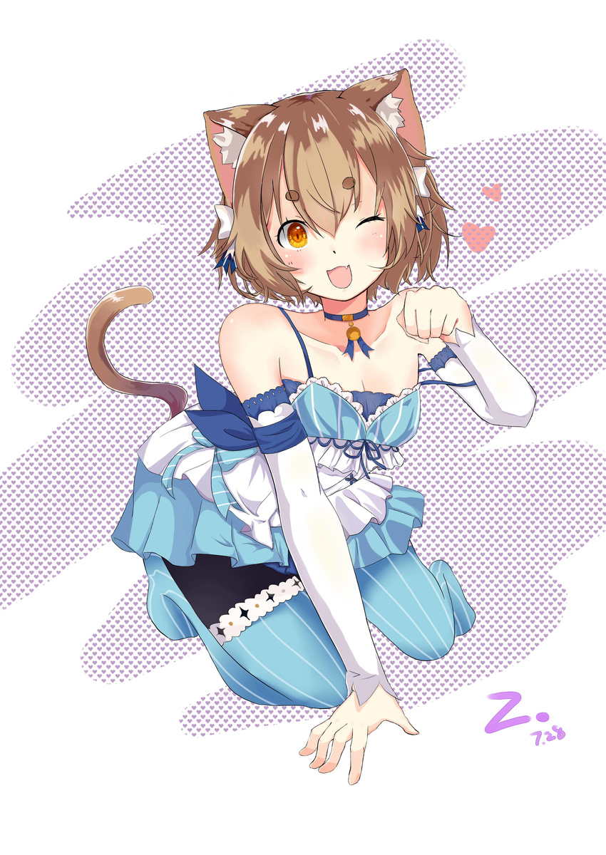 :3 :d absurdres animal_ears arm_ribbon arm_support bangs bare_shoulders black_legwear blue_bow blue_choker blue_legwear blush bob_cut bolo_tie bow bow_dress breasts brown_hair cat_ears cat_tail choker cleavage clenched_hand collarbone commentary_request cross-laced_clothes dated dot_nose dress dress_bow eyebrows_visible_through_hair eyes_visible_through_hair fang felix_argyle frilled_dress frills front-tie_top full_body hair_between_eyes hair_bow hair_ribbon hand_up heart heart_background highres jewelry kneeling lace lace-trimmed_dress lace-trimmed_sleeves looking_at_viewer male_focus no_shoes one_eye_closed open_mouth orange_eyes otoko_no_ko pantyhose parted_bangs paw_pose pendant puffy_chest raised_eyebrows re:zero_kara_hajimeru_isekai_seikatsu ribbon shiny shiny_skin short_dress short_eyebrows short_hair si_cheng signature simple_background slit_pupils smile solo spaghetti_strap strap_slip striped striped_bow striped_legwear striped_ribbon tail thick_eyebrows thighhighs thighhighs_over_pantyhose vertical-striped_dress vertical-striped_legwear vertical_stripes white_background white_bow