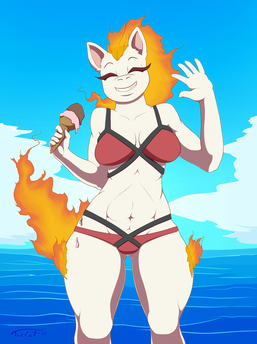 anthro bikini clothed clothing dessert equine eyes_closed female flaming_hair food hair ice_cream mammal muscular nintendo pok&eacute;mon ponyta smile swimsuit teeth twistedlilheart video_games waving