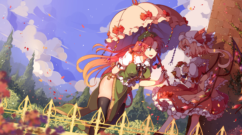 :d arm_behind_back black_legwear blonde_hair blue_sky blurry bow braid breasts cloud cloudy_sky covered_nipples day depth_of_field dutch_angle flandre_scarlet flower frills green_eyes hair_bow hair_ribbon hat holding hong_meiling large_breasts leaning_forward long_hair mob_cap multiple_girls open_mouth parasol petals red_hair ribbon shade side_ponytail sky smile thighhighs touhou tree twin_braids umbrella very_long_hair wind wings yetworldview_kaze