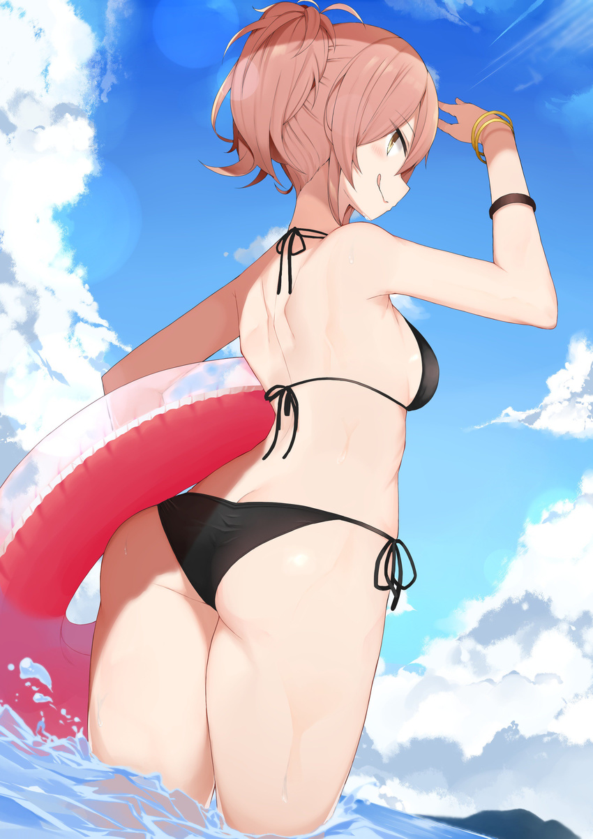 :q absurdres arm_up ass bikini black_bikini blue_sky bracelet breasts cloud cloudy_sky cole day dutch_angle fisheye hair_between_eyes halterneck highres idolmaster idolmaster_cinderella_girls innertube jewelry jougasaki_mika outdoors pink_hair ponytail profile shoulder_blades side-tie_bikini sky small_breasts solo standing swimsuit tongue tongue_out wading wet yellow_eyes