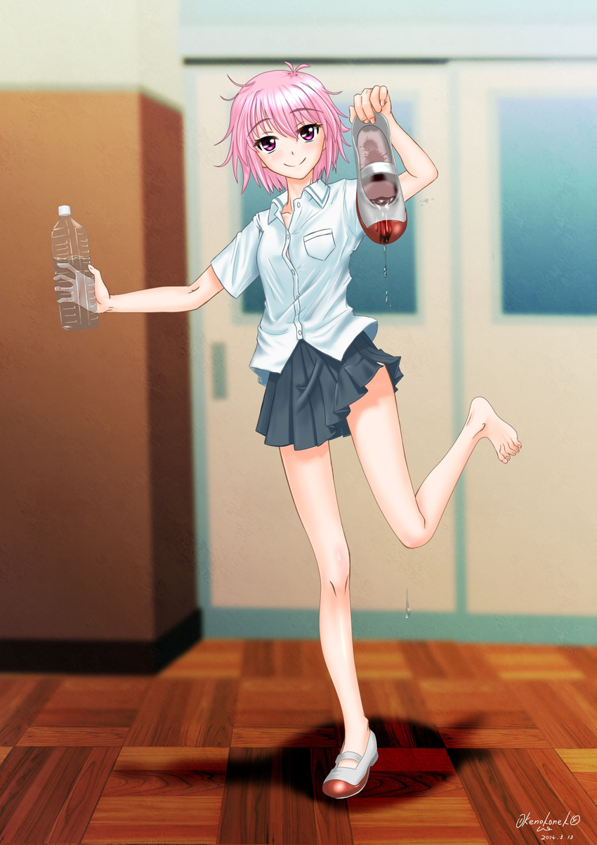 1girl barefoot d-frag! feet giving holding_shoes looking_at_viewer mizukami_sakura pink_eyes pink_hair shoes_removed short_hair single_shoe smile standing toes uwabaki water water_bottle