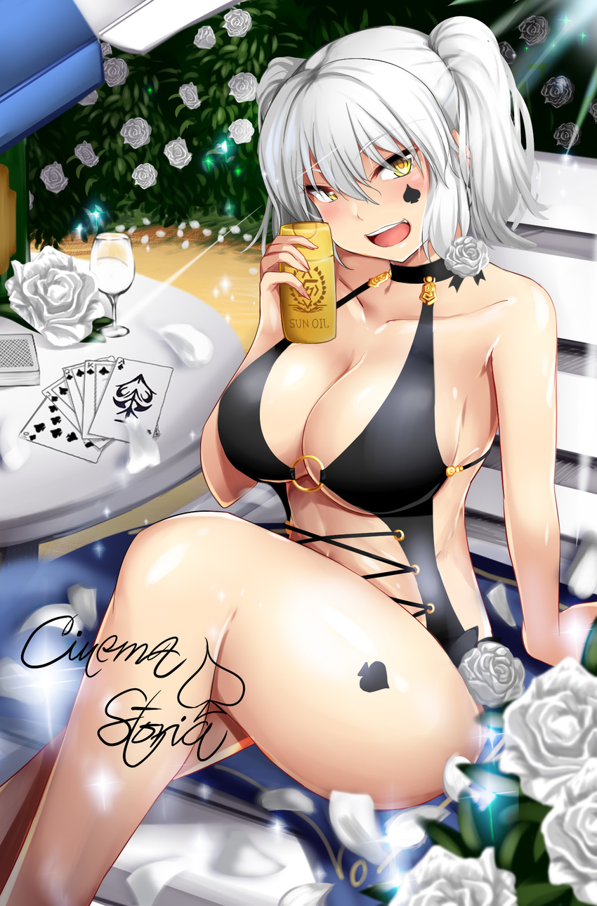 :d arm_support bikini black_bikini blush breasts card character_request cleavage collarbone commentary_request cup deck_chair drinking_glass flower halter_top halterneck highres holding kirome_(kamipaper) large_breasts lotion lotion_bottle open_mouth plant poker rose short_hair short_twintails silver_hair smile solo spade_(shape) sunscreen swimsuit table tattoo twintails umbrella white_flower white_rose wine_glass yellow_eyes