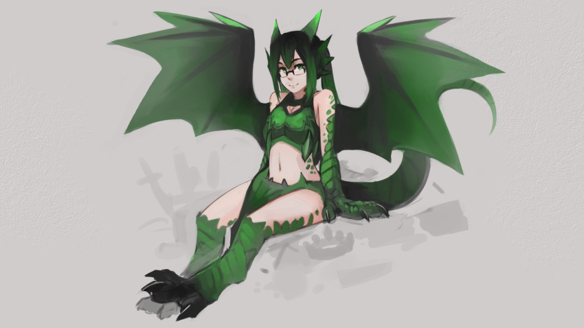 1girl bare_shoulders black_hair breasts claws cleavage cleavage_cutout commentary dragon_(monster_girl_encyclopedia) dragon_girl dragon_wings english_commentary full_body fusion glasses gradient_hair green_eyes green_hair grey_background head_fins highres horns long_hair looking_at_viewer midriff monster_girl monster_girl_encyclopedia multicolored_hair navel original paintrfiend paws rectangular_eyewear scales simple_background sitting smile solo tail tharkis twintails wings