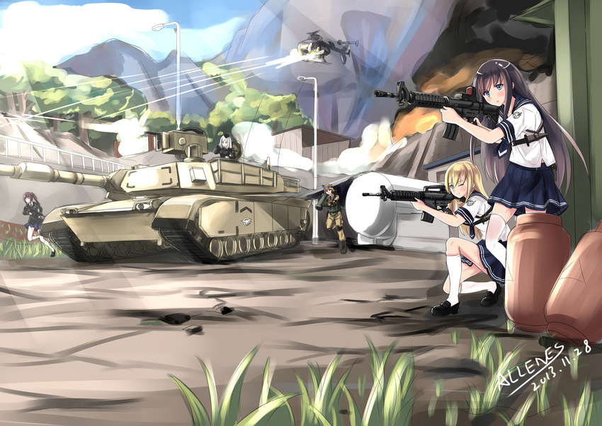 absurdres aircraft allenes assault_rifle black_hair blonde_hair blue_eyes brown_eyes brown_hair caterpillar_tracks cloud day grey_eyes grey_hair ground_vehicle gun helicopter highres long_hair m1_abrams military military_vehicle motor_vehicle mountain multiple_girls original rifle school_uniform serafuku skirt sky tank traffic_light tree weapon