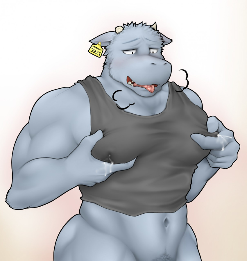 2017 anthro blush bovine cattle clothing fur hair male male_lactation mammal muscular muscular_male nazimi00 shirt simple_background solo tank_top tongue tongue_out