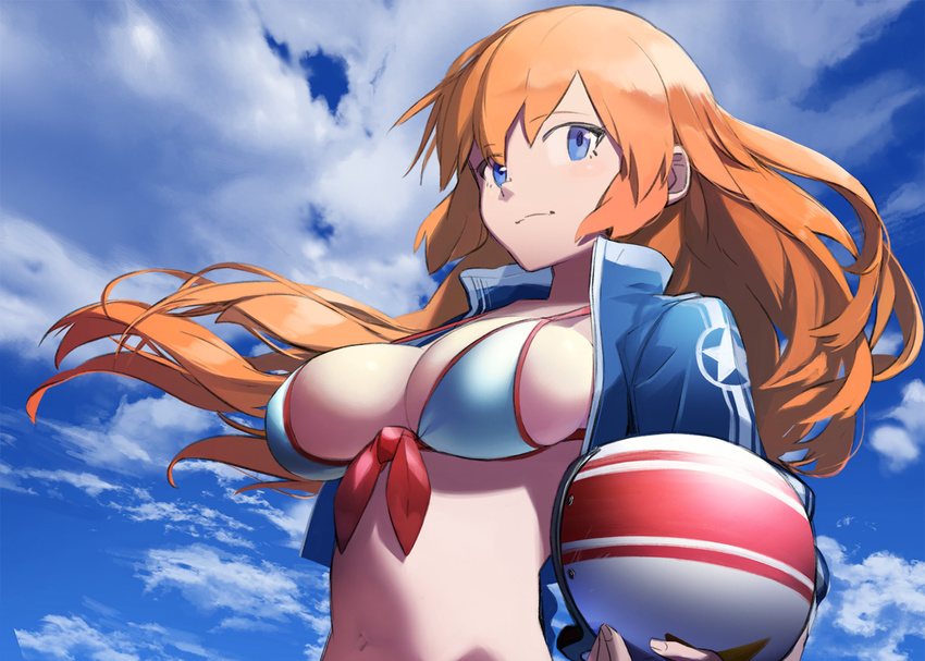 bikini_top blue_eyes blue_sky breasts charlotte_e_yeager cleavage closed_mouth cloud cloudy_sky cropped_jacket day from_below front-tie_bikini front-tie_top helmet jacket kirii large_breasts long_hair open_clothes open_jacket orange_hair outdoors sky smile solo strap_gap strike_witches white_bikini_top world_witches_series