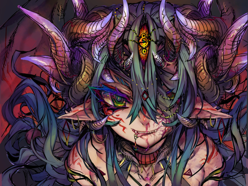 blood blue_hair close-up colored_eyelashes commentary_request demon_girl demon_horns earrings eyelashes facial_tattoo gradient_hair green_eyes green_hair hair_over_one_eye highres hoop_earrings horns jewelry long_hair multicolored_hair nosebleed original piercing pointy_ears sasaki_shou solo tattoo third_eye tongue tongue_out tongue_piercing two-tone_hair upper_body very_long_hair wavy_hair