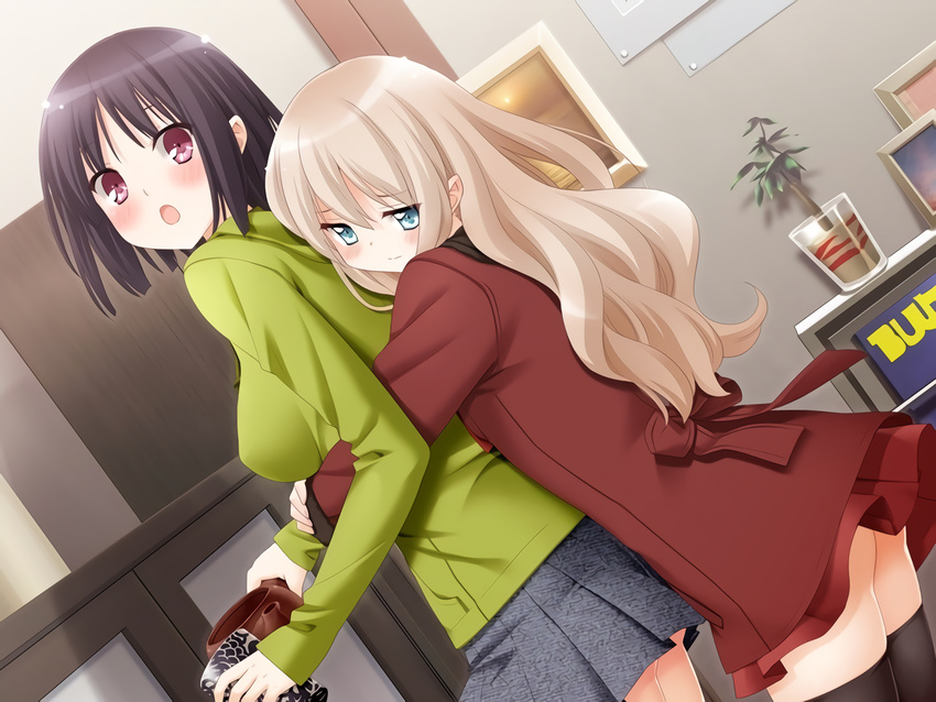 2girls ass black_hair blonde_hair blue_eyes blush embarrassed hug hug_from_behind kawamura_reo long_hair official official_art open_mouth peko picture_frame plant purple_eyes ribbon sawaguchi_mai short_hair sono_hanabira_ni_kuchizuke_wo yuri