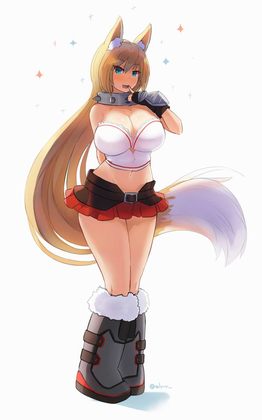 :d absurdly_long_hair absurdres alice_(flanaki) animal_ears arm_behind_back bare_shoulders belt black_gloves blonde_hair blue_eyes boots breasts cleavage collar commentary commission ehrrr eyebrows_visible_through_hair finger_to_mouth fingerless_gloves fox_ears fox_tail full_body fur-trimmed_boots fur_trim gloves highres huge_breasts long_hair looking_at_viewer midriff miniskirt navel open_mouth original simple_background skirt smile solo spiked_collar spikes standing tail twitter_username very_long_hair white_background