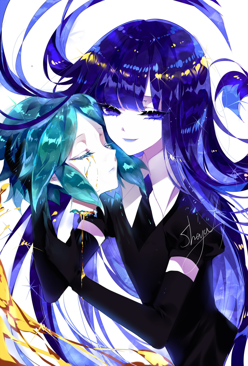 2others absurdres androgynous artist_name bangs black_gloves black_neckwear blue_eyes blue_hair commentary elbow_gloves eyebrows_visible_through_hair eyelashes eyes_closed gem_uniform_(houseki_no_kuni) gloves green_hair highres holding_head houseki_no_kuni lapis_lazuli_(houseki_no_kuni) long_hair looking_at_viewer multiple_others necktie parted_lips phosphophyllite puffy_short_sleeves puffy_sleeves severed_head sheya short_hair short_sleeves sidelocks signature simple_background smile spoilers tears upper_body very_long_hair white_background