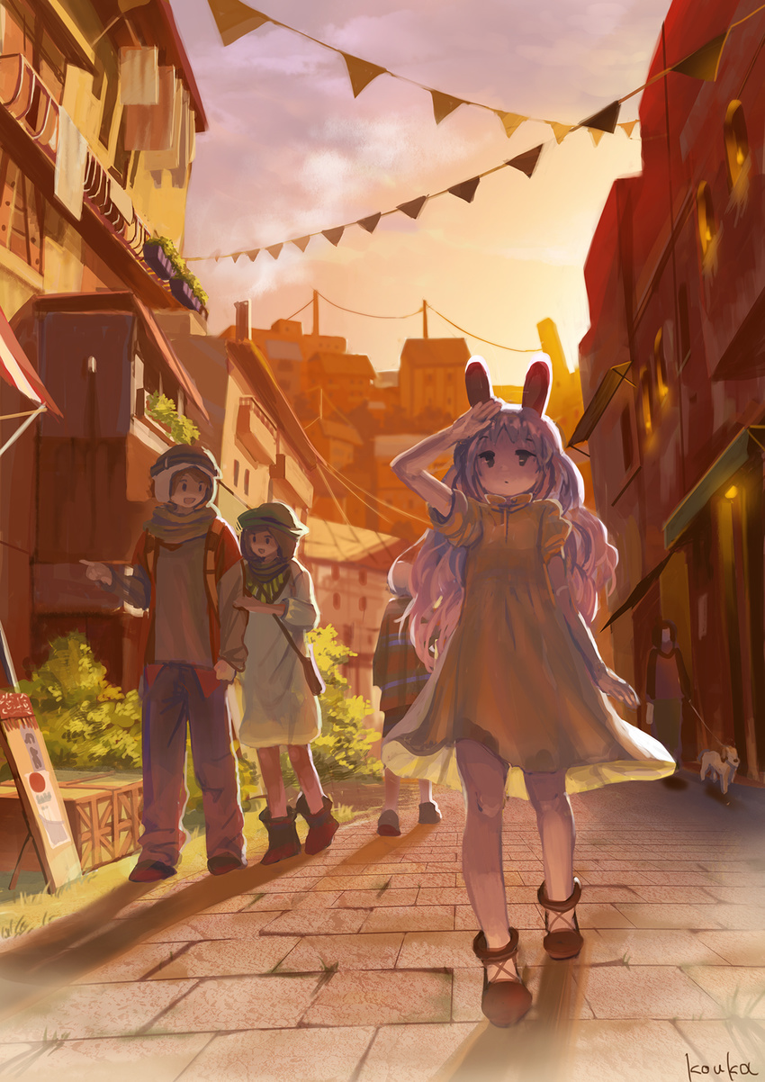 2girls animal animal_ears artist_name awning backlighting bag brown_hair bunny_ears dog dress expressionless handbag headdress highres kouka_(mrakano5456) long_hair looking_afar looking_at_another looking_away looking_up multiple_girls no_socks open_mouth original outdoors pants pennant power_lines purple_hair road scarf scenery sett shading_eyes shadow short_hair short_sleeves smile street string_of_flags sunlight sunset town walking