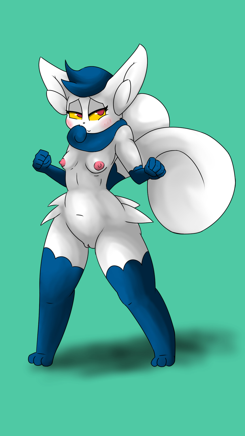 blue_fur blush breasts cat feline female fur iguanasarecool mammal meowstic nintendo nipples pok&eacute;mon pussy simple_background solo standing video_games white_fur yellow_eyes