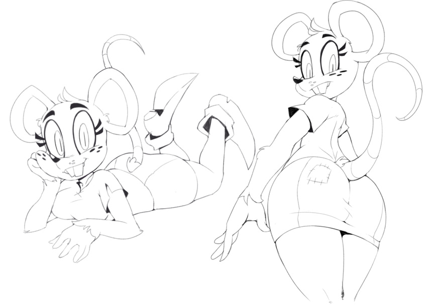 anthro black_and_white breasts buckteeth butt clothing eyelashes female looking_back mammal monochrome mouse rear_view rodent smile solo super_planet_dolan teeth vimhomeless