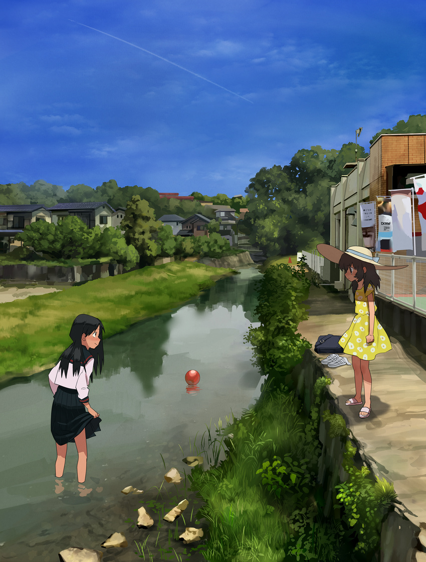 absurdres ball barefoot black_hair brown_hair commentary day grass hat highres long_hair long_sleeves multiple_girls nature original outdoors river sandals scenery school_briefcase school_uniform short_sleeves skirt_hold sky summergoat sun_hat wading