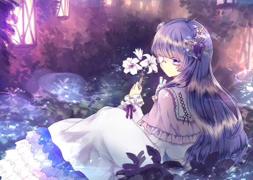 bangs blunt_bangs capelet colored_eyelashes crescent crescent_hair_ornament double_bun dress flower frilled_dress frills ginzuki_ringo hair_ornament hair_ribbon holding holding_flower lantern long_hair long_sleeves monocle outdoors patchouli_knowledge purple_eyes purple_hair purple_ribbon ribbon sitting solo touhou very_long_hair vial white_background