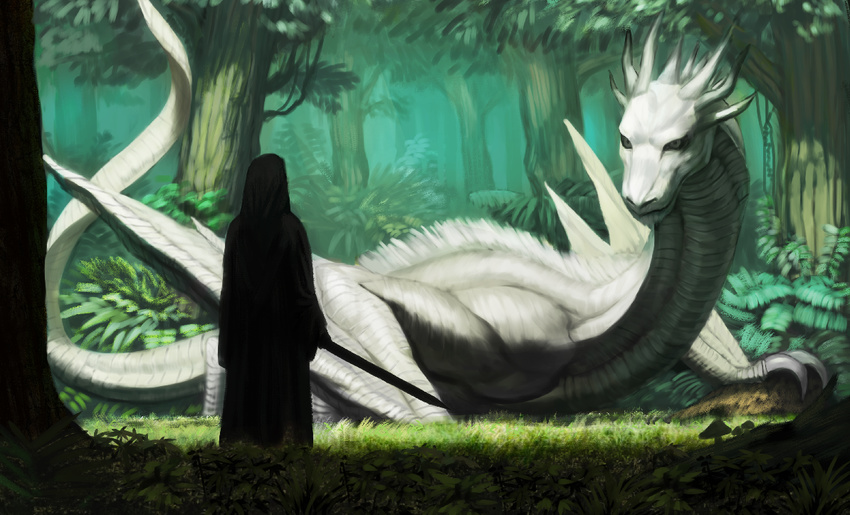 claws dragon fantasy fighting_stance forest grass holding holding_sword holding_weapon hooded_robe looking_at_another nature original robe shade standing sword wasabi60 weapon wyvern