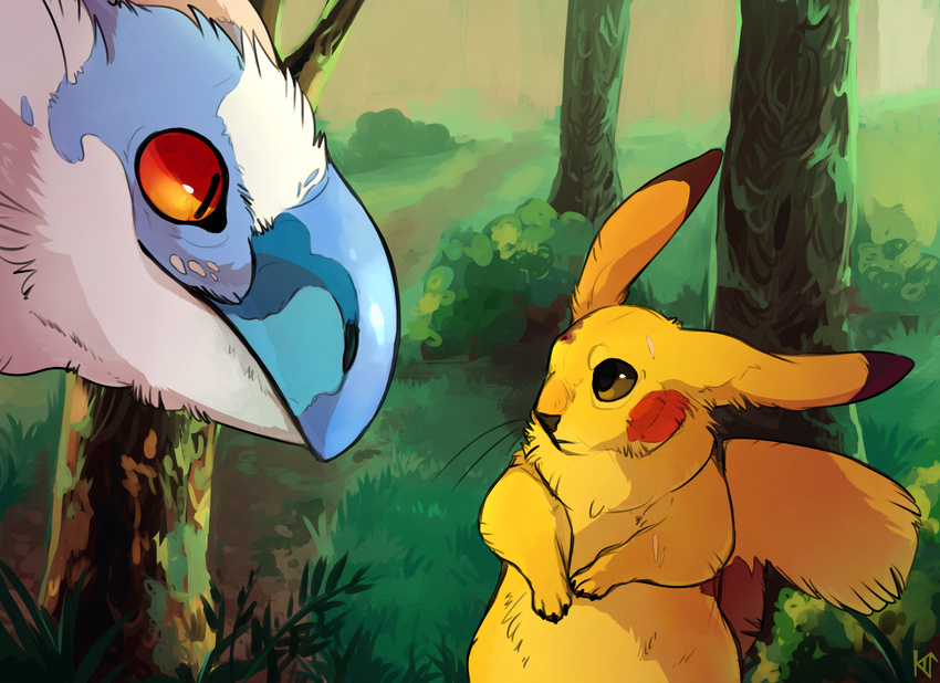 2014 absurd_res ambiguous_gender beak day detailed_background duo eye_contact feral forest fur grass hi_res latios legendary_pok&eacute;mon mammal nature nintendo norisus outside pikachu pok&eacute;mon rodent size_difference tree video_games whiskers yellow_fur