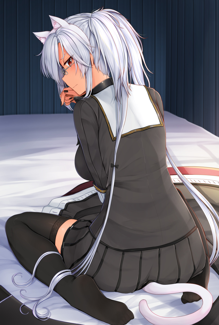 1girl absurdres alternate_costume animal_ears black_nails blush breasts commentary_request dark_skin embarrassed fake_animal_ears from_behind glasses grey_hair grey_serafuku highres kantai_collection kneeling large_breasts long_hair looking_at_viewer looking_back musashi_(kantai_collection) nail_polish pleated_skirt red_eyes sailor_collar school_uniform sidelocks sitting skirt solo twintails very_long_hair wariza yunamaro