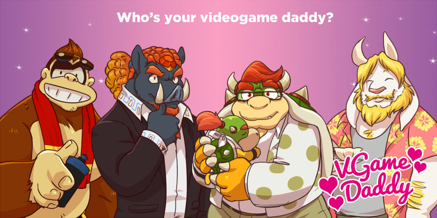 ape asgore_dreemurr beard boss_monster bowser bowser_jr. caprine clothing donkey_kong_(series) eclipsewolf english_text eyewear facial_hair father ganon glasses goat group horn koopa lizard long_ears mammal mario_bros nintendo parent parody pig porcine primate reptile scalie simple_background suit sunglasses text towel tusks undertale video_games