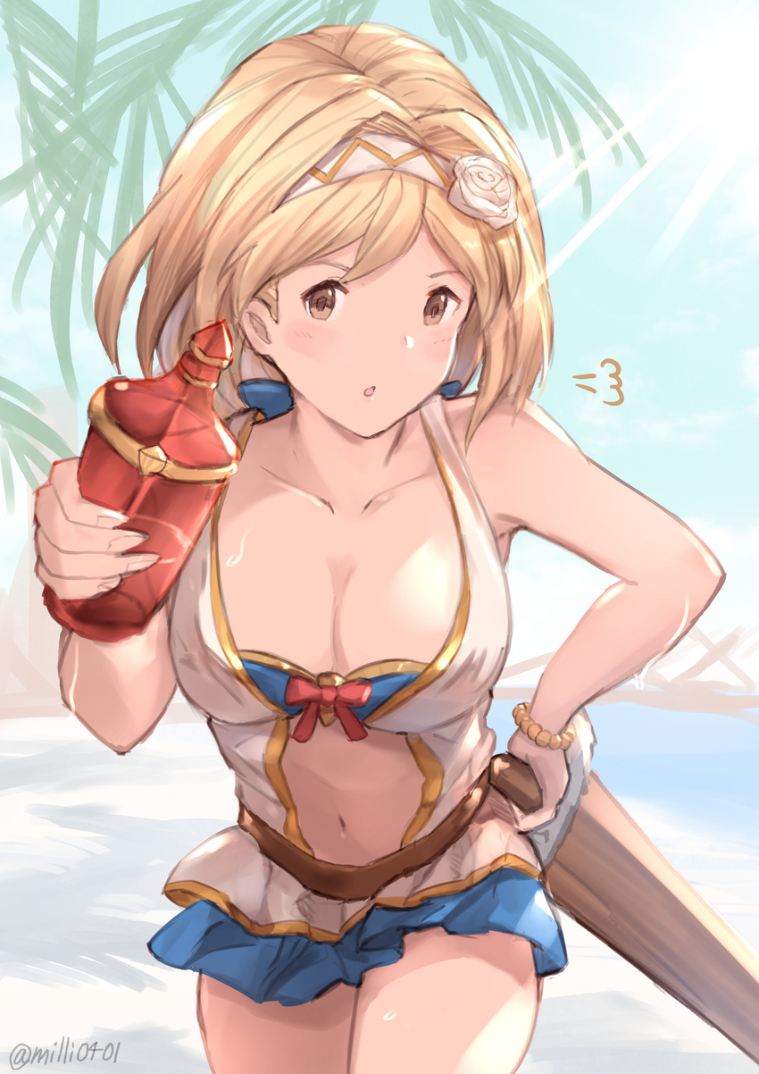 blonde_hair blush breasts brown_eyes cleavage collarbone djeeta_(granblue_fantasy) flower granblue_fantasy hairband highres large_breasts looking_at_viewer milli_little navel parted_lips rose short_hair solo twitter_username white_flower white_rose