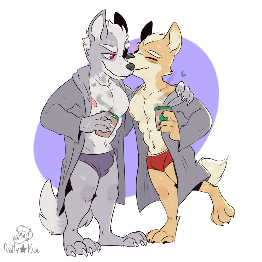 &lt;3 abs anthro beverage boxers_(clothing) canine clothing coffee duo embrace fox fox_mccloud kissing male male/male mammal mostly_nude muscular muscular_male nintendo nipples pecs rattykai star_fox underwear video_games wolf wolf_o'donnell