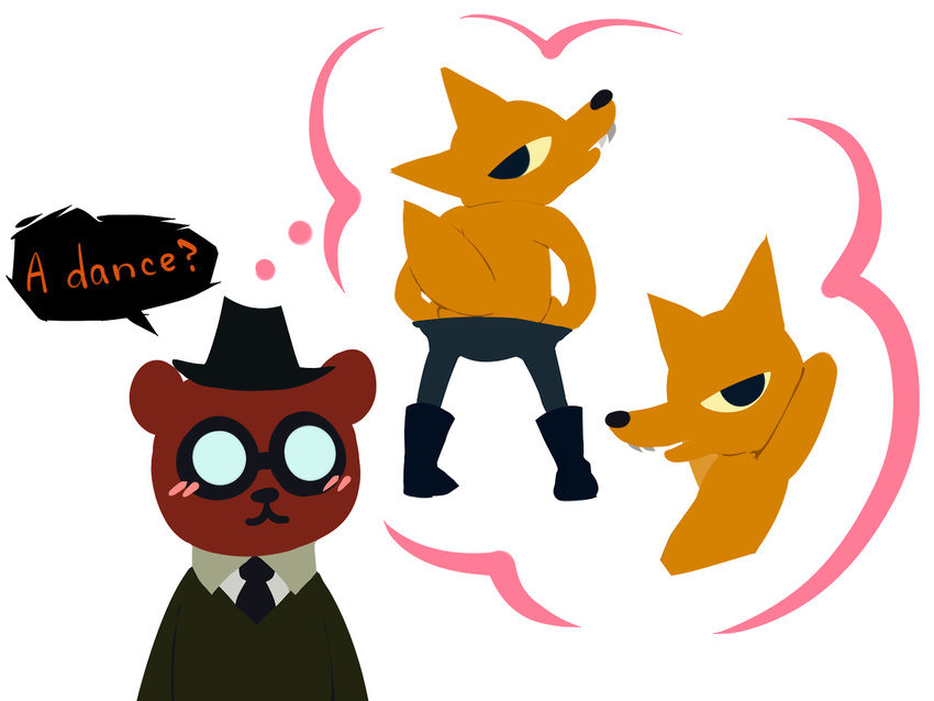 angus_(nitw) bear bedroom_eyes blue_eyes blush bodoodles brown_fur canine eyewear fangs fox fur glasses gregg_(nitw) half-closed_eyes hat mammal night_in_the_woods seductive striptease thinking yellow_fur