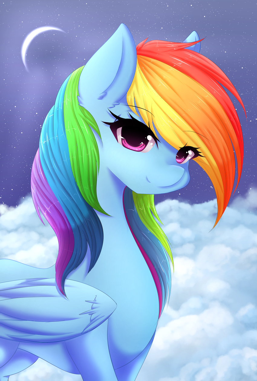 2016 absurd_res cloud crescent_moon cute equine eyelashes feathered_wings feathers female feral fluffymaiden friendship_is_magic hair hi_res long_hair looking_at_viewer mammal moon multicolored_hair my_little_pony pegasus pink_eyes rainbow_dash_(mlp) rainbow_hair sky smile solo star wings
