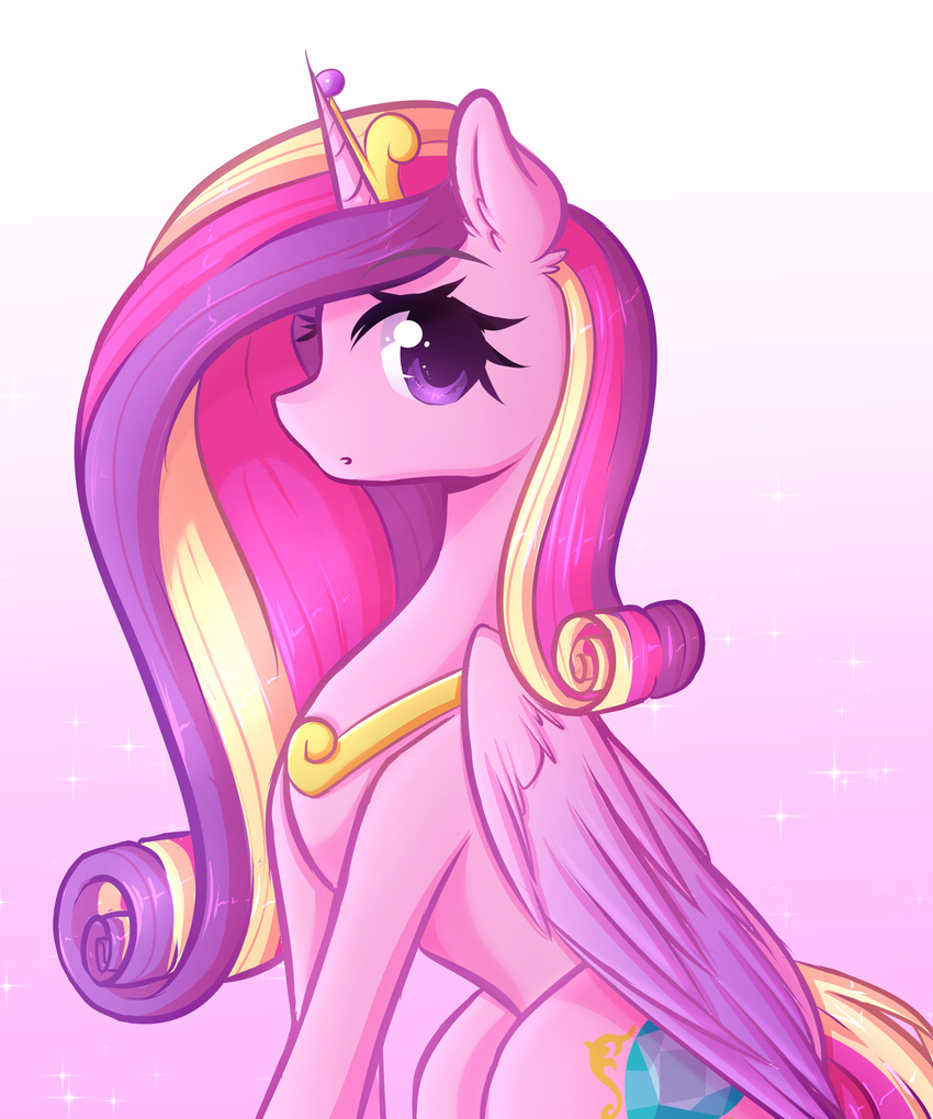 2016 absurd_res crown cutie_mark equine eyebrows eyelashes feathered_wings feathers female feral fluffymaiden friendship_is_magic gradient_background hair hi_res horn long_hair looking_at_viewer mammal multicolored_feathers multicolored_hair my_little_pony princess_cadance_(mlp) purple_eyes simple_background solo unicorn_horn winged_unicorn wings
