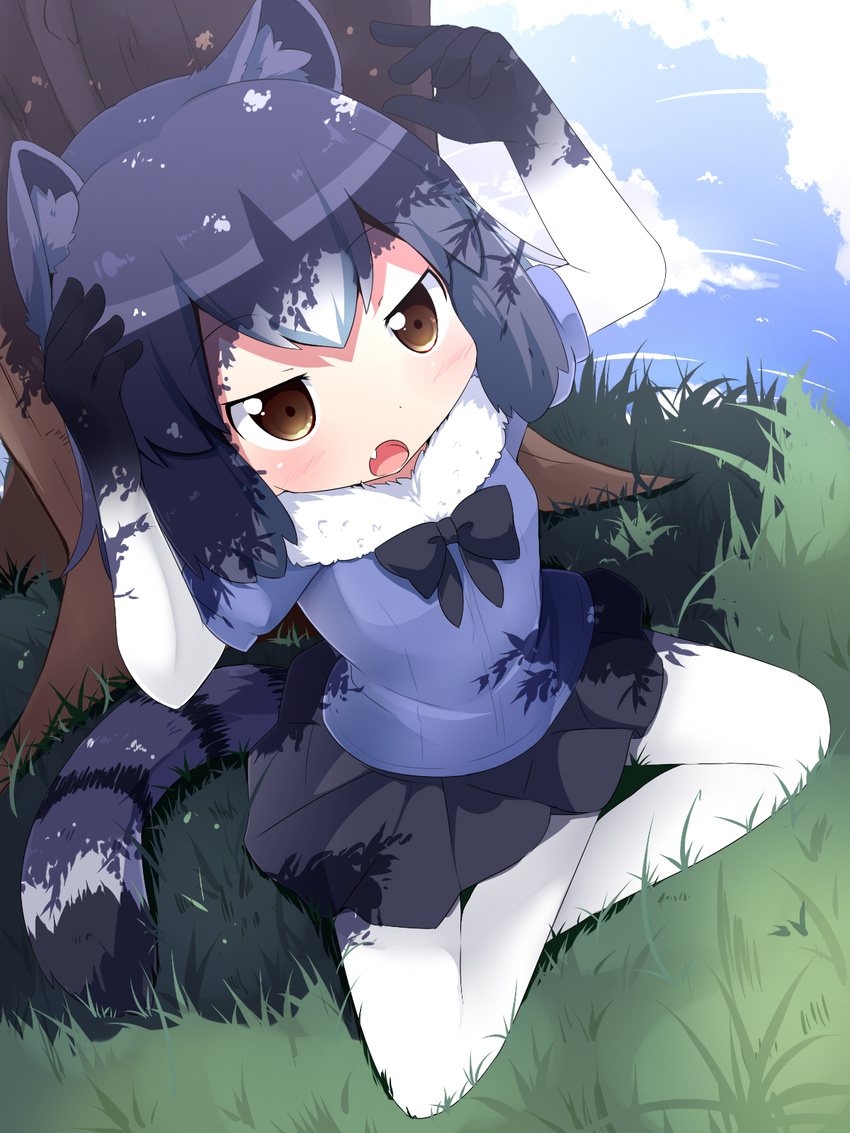 :o animal_ears arms_up black_bow black_hair black_neckwear black_skirt blue_sky bow bowtie brown_eyes cloud commentary_request common_raccoon_(kemono_friends) day fang fur_collar gloves grass highres indian_style kemono_friends makuran multicolored multicolored_clothes multicolored_gloves multicolored_hair outdoors pantyhose raccoon_ears raccoon_tail short_hair sitting skirt sky solo striped_tail tail tree under_tree white_hair white_legwear