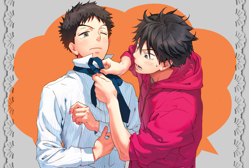 abe_takaya adjusting_clothes black_hair blue_neckwear commentary_request da_kata dress_shirt dressing dressing_another grey_eyes haruna_motoki hood hoodie looking_at_another male_focus messy_hair multiple_boys necktie one_eye_closed ookiku_furikabutte open_mouth pinstripe_pattern popped_collar shirt sleeves_pushed_up striped sweat tareme tying undone_necktie