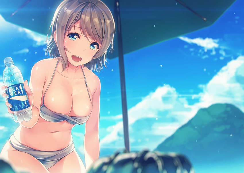 :d bangs bikini blue_eyes blue_sky blurry bottle breasts brown_hair cleavage cloud cloudy_sky collarbone day depth_of_field eyebrows_visible_through_hair fingernails from_below halterneck large_breasts leaning_forward looking_at_viewer love_live! love_live!_sunshine!! nail_polish navel open_mouth outdoors pocari_sweat short_hair siva_(executor) sky smile solo swept_bangs swimsuit watanabe_you water_bottle white_bikini