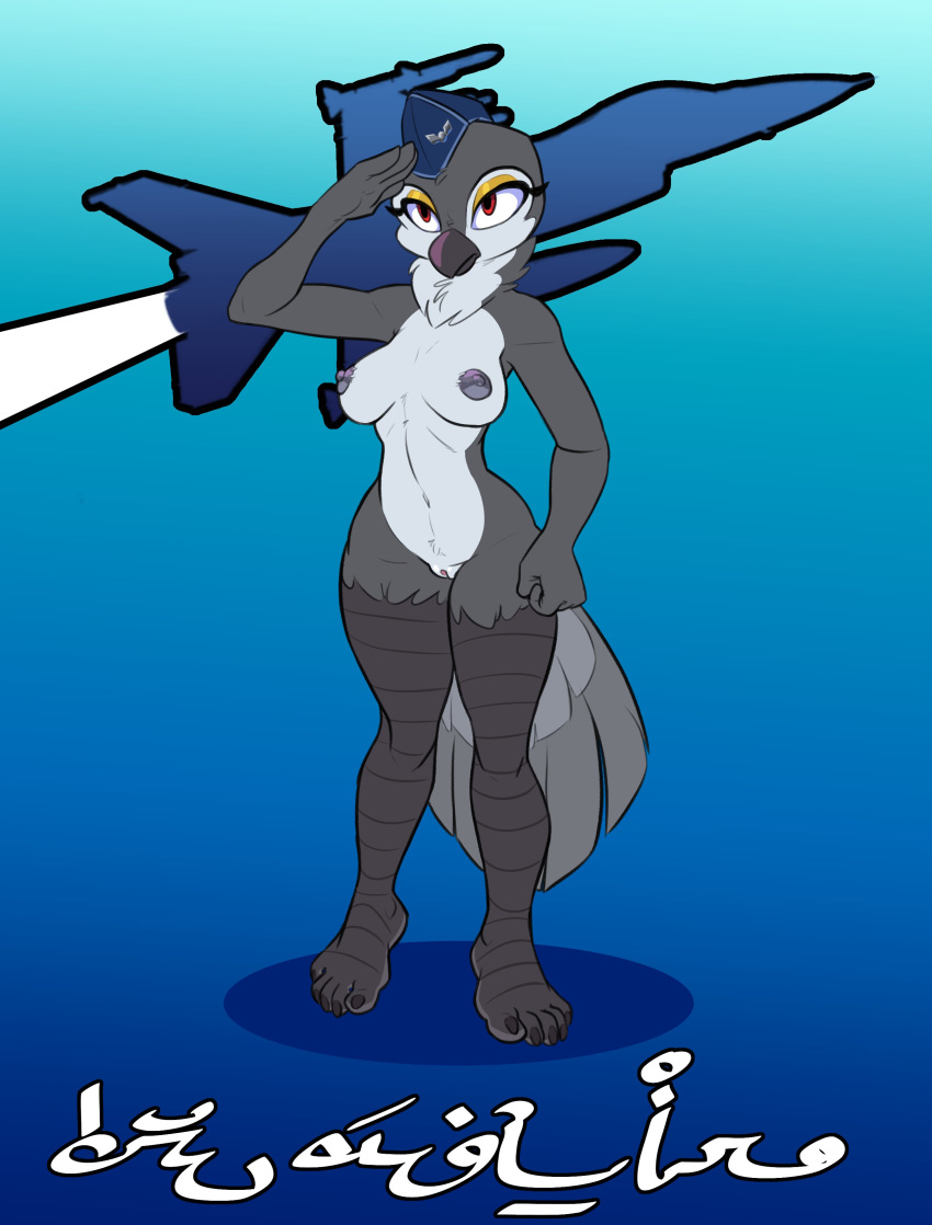 2018 aircraft anthro arabic_text areola avian beak bird blue_background blue_theme breasts eyeshadow feathers feet female grey_feathers hat hi_res makeup military navel nipples nude pussy red_eyes salute simple_background siroc solo text white_feathers